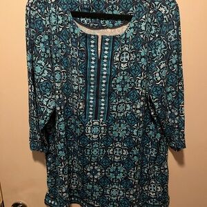 Talbots Blue and White Boxy Blouse with 3/4 Sleeves